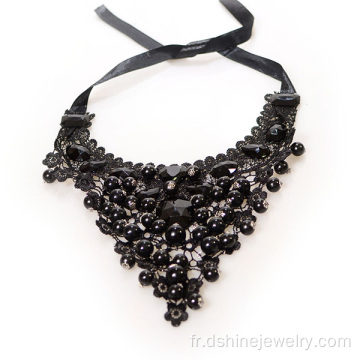 Collier dentelle noir avec collier de perles Imitation cristal